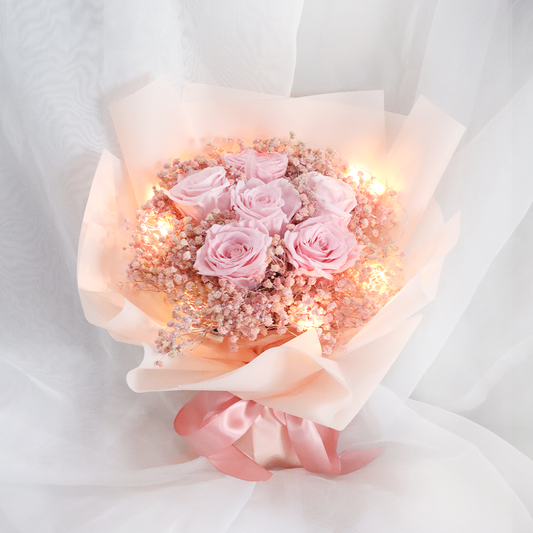 6 Stalks Pink Roses Baby Breath Bouquet