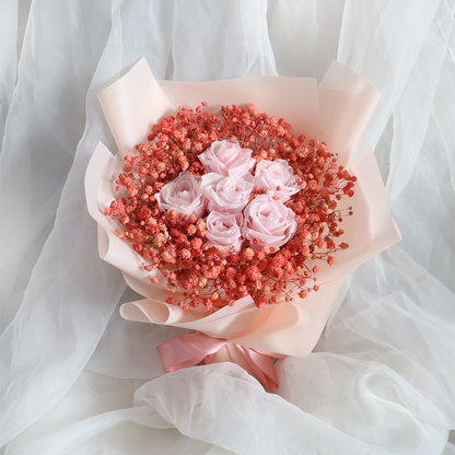 6 Stalks Pink Roses Baby Breath Bouquet