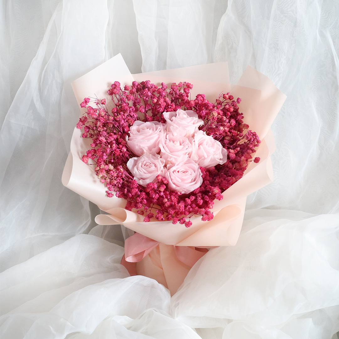 6 Stalks Pink Roses Baby Breath Bouquet