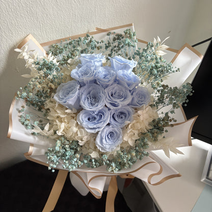 12 Stalks Blue Rose Bouquet with Baby Breath