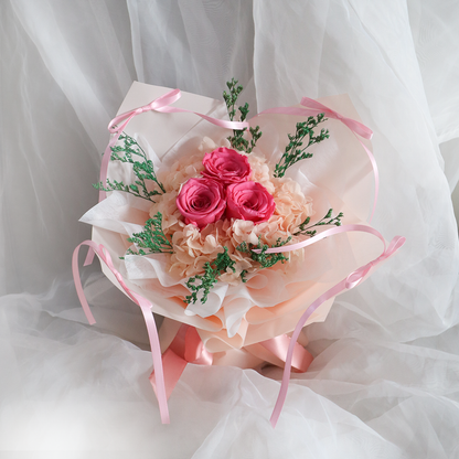 3 Stalks Hot Pink Roses Ribbon Bouquet