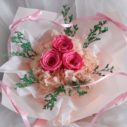 3 Stalks Hot Pink Roses Ribbon Bouquet